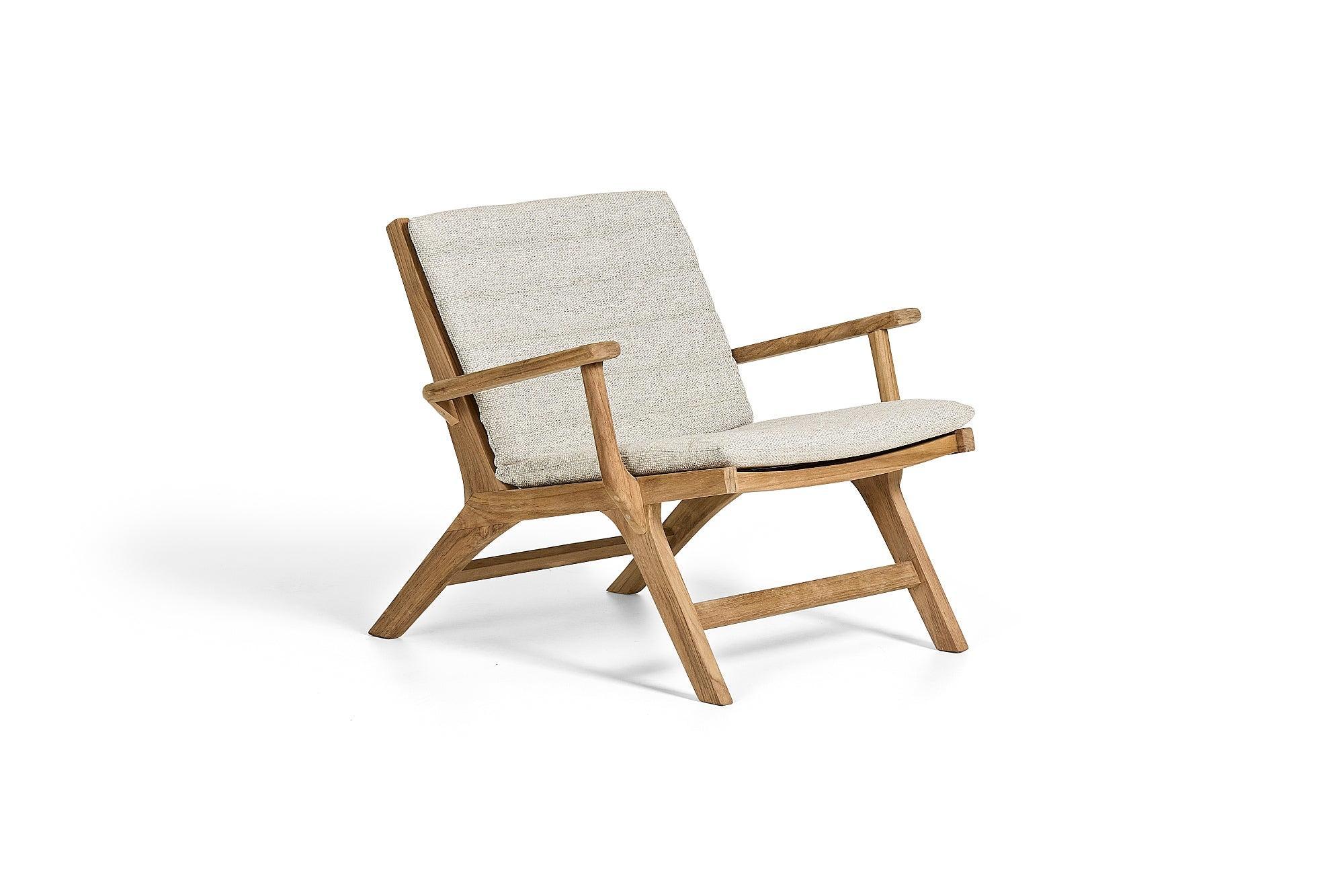 Koozy | Loungestoel met armleuningen, Teak naturel glad Slats incl. Kussen
