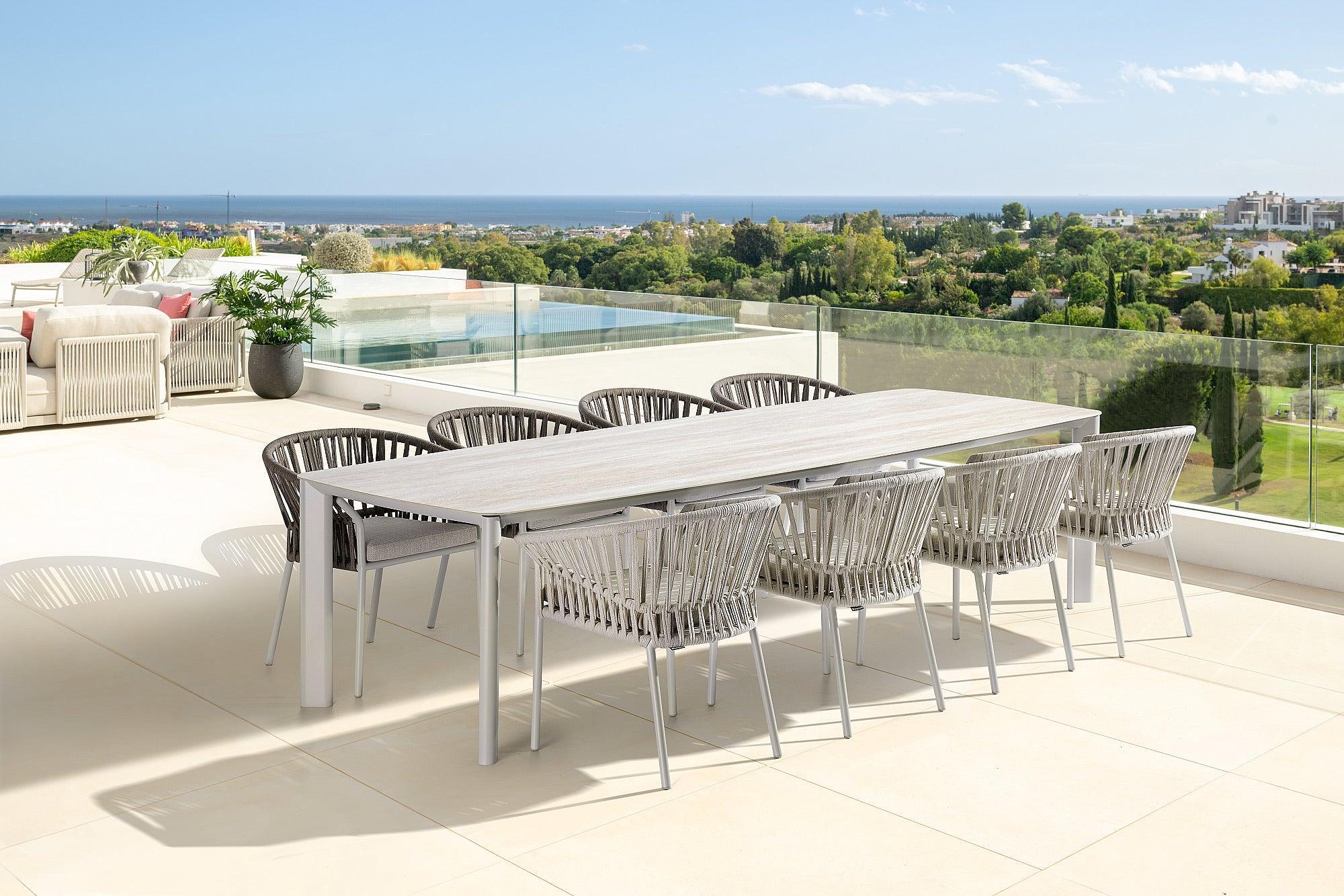 Tofino aluminium | Eettafel aluminium Dune mat keramiek Travertino wit 6mm 240x100