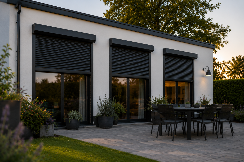 Moderne woning met zwarte rolluiken voor ramen aan de tuinzijde.
