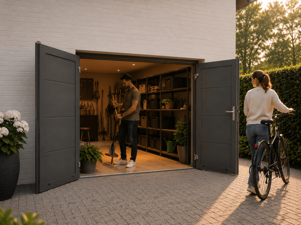 Moderne openslaande garagedeuren van Renoco met open garage, luxe uitstraling, fiets, tuinspullen en sfeervolle verlichting.