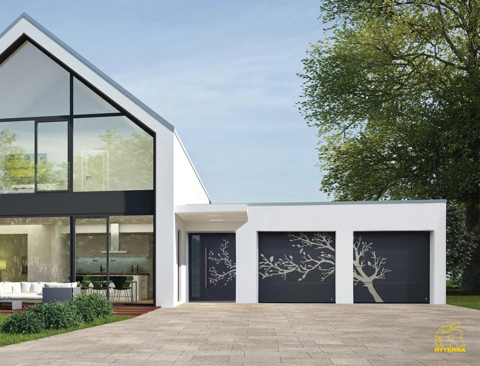 Modernes Sektionaltor und Aluminium-Haustür mit Baummotiv, perfekt für Ihre Garage in Sittard - Geleen Limburg.