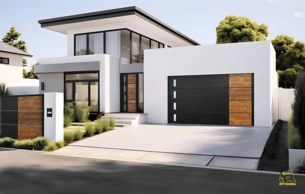 Ge&iuml;soleerde Ryterna sectionaalpoort met houtlook panelen op een moderne woning in Limburg.