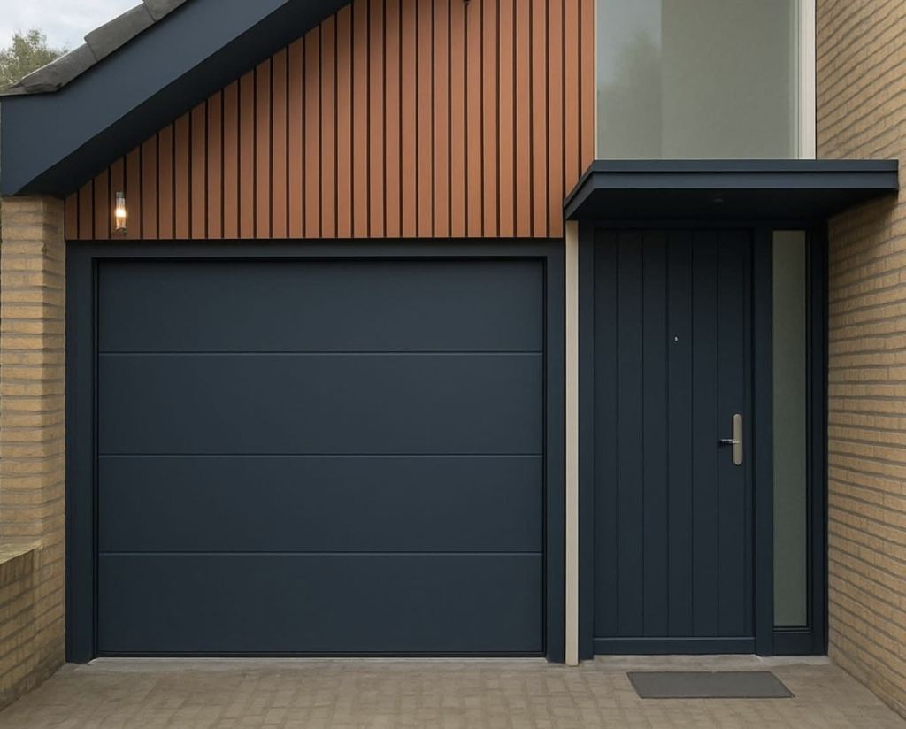 Moderne ge&iuml;soleerde sectionaalpoort in antraciet op een woning in Limburg.