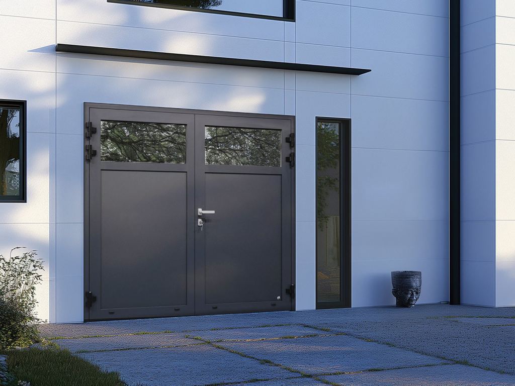 Anthracite side-hinged garage doors with top windows on a modern home in Limburg.