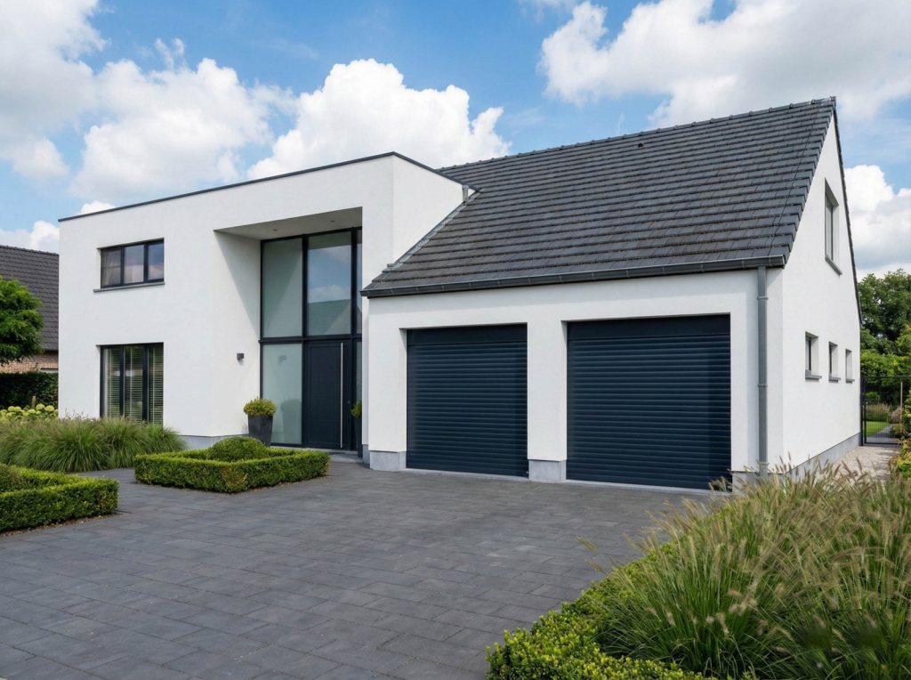 Rolltor mit blauen Lamellen f&uuml;r die Garage in Sittard-Geleen, Limburg.