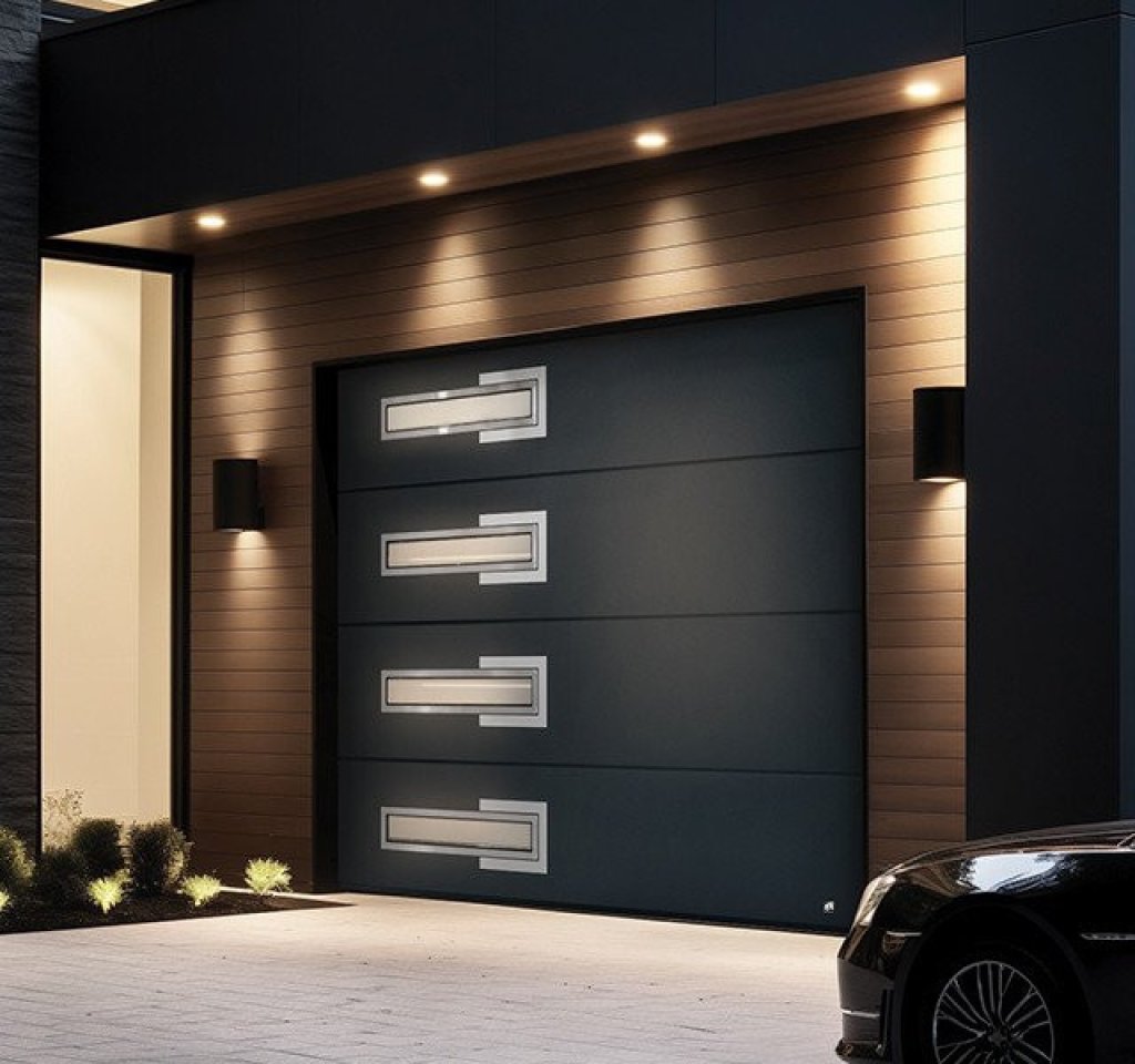 Stijlvolle sectionaalpoort voor jouw woning in Sittard!. Moderne sectionaalpoort met drie horizontale panelen en elegante handgrepen, ideaal voor elke woning in Sittard-Geleen.