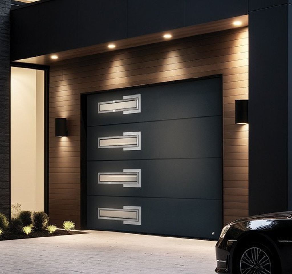 Ge&iuml;soleerde sectionaalpoort in antraciet uitgevoerd op een moderne woning in Limburg.