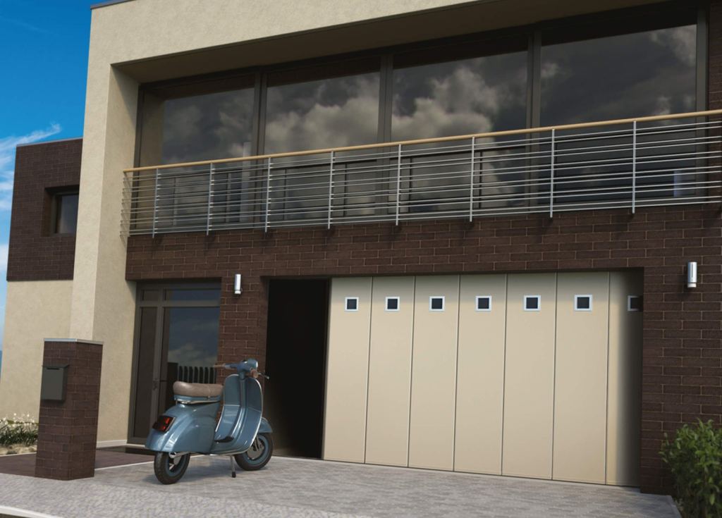 Elegant side-sliding sectional door in neutral tones, perfect for modern homes.