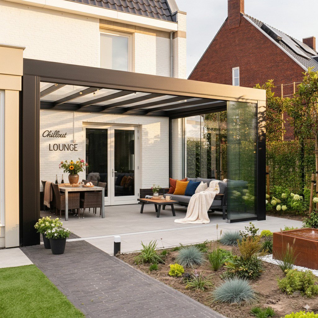 Luxe terrasoverkapping aan huis met glazen wanden en comfortabele lounge meubels.