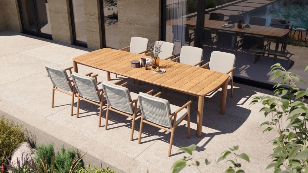 Stijlvolle tuinmeubelen voor uw tuin in Limburg. Elegante tafelset met comfortabele stoelen, perfect voor uw strakke terras.