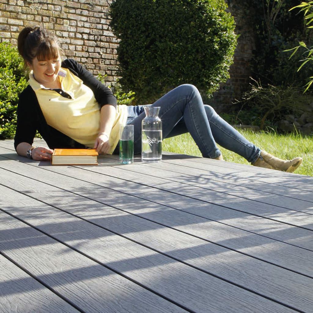 Composite decking in the garden, ideal for creating a low-maintenance patio.