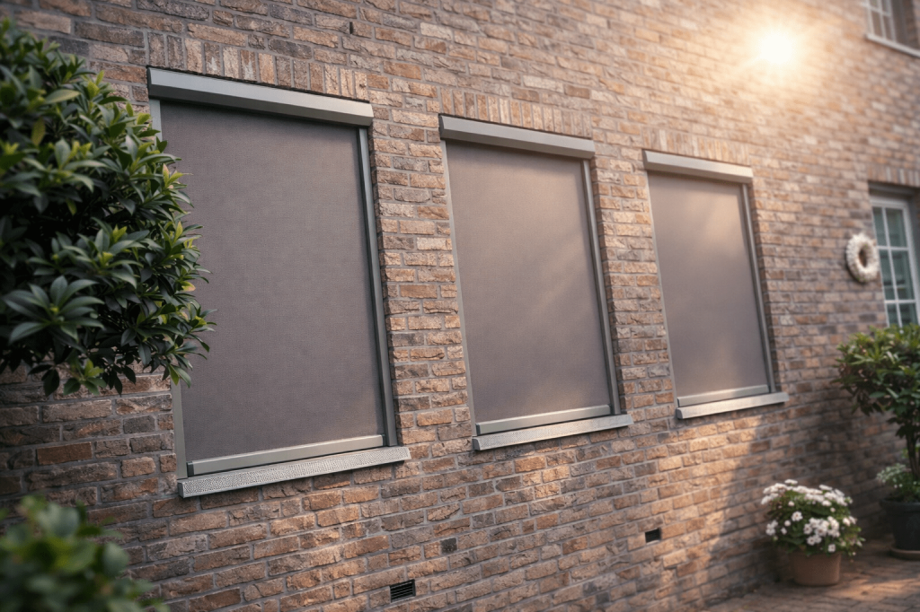 Moderne antraciet screens op drie ramen van een woning. Dynamische zonwering houdt de zonnewarmte buiten, behoudt het daglicht en zorgt voor meer comfort en energiebesparing.
