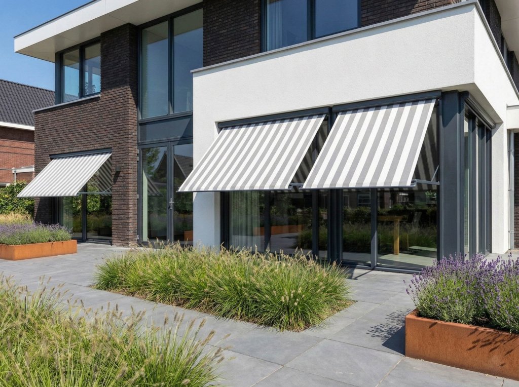 Uitvalscherm met gestreept doek zonwering in Sittard-Geleen Limburg.