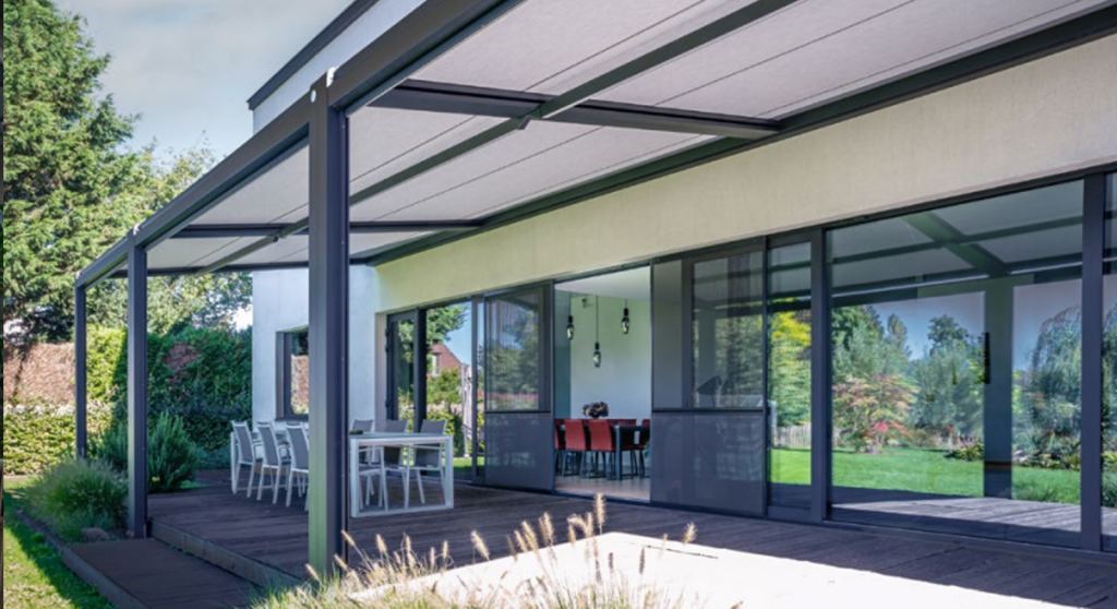 Elegant veranda awning with a modern design, perfect for shade and privacy in the garden.