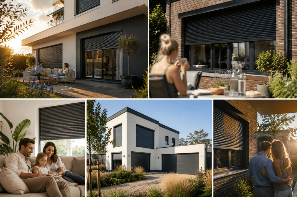 Overzicht van luxe woningen met elektrische en solar rolluiken, zichtbaar gemonteerde rolluikkasten en slimme Somfy bediening voor extra comfort en veiligheid.