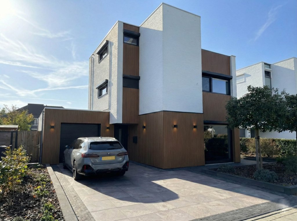 Strakke, moderne gevel met composiet met van Fiberdeck en mooie zwarte rolluiken, perfect voor een moderne woning in Sittard - Geleen.