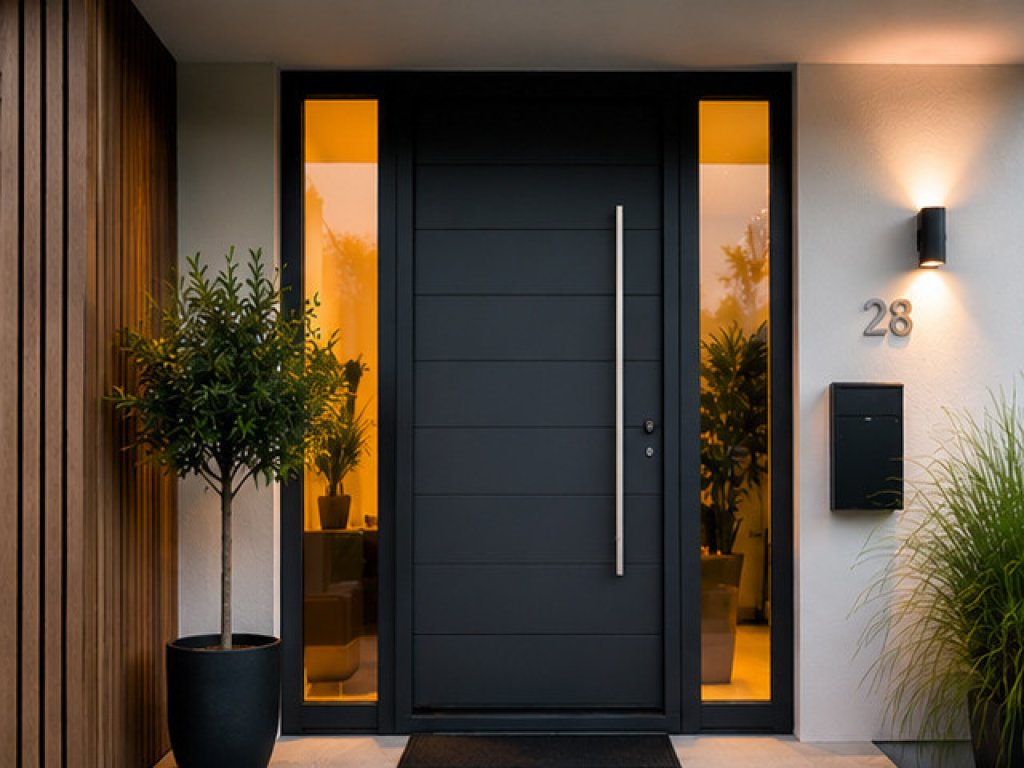 Moderne aluminium voordeur in antraciet op een luxe woning in Limburg.