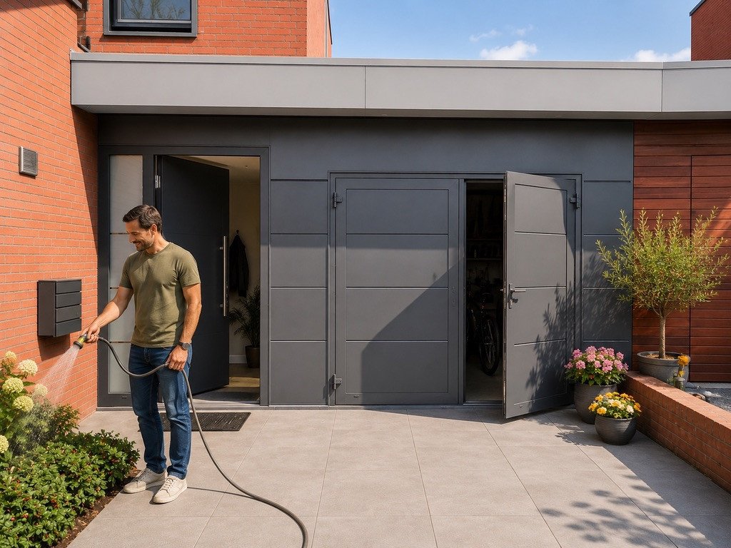 Moderne woning met antraciete openslaande garagedeuren op maat, keramische oprit en luxe entree gerealiseerd door Renoco.