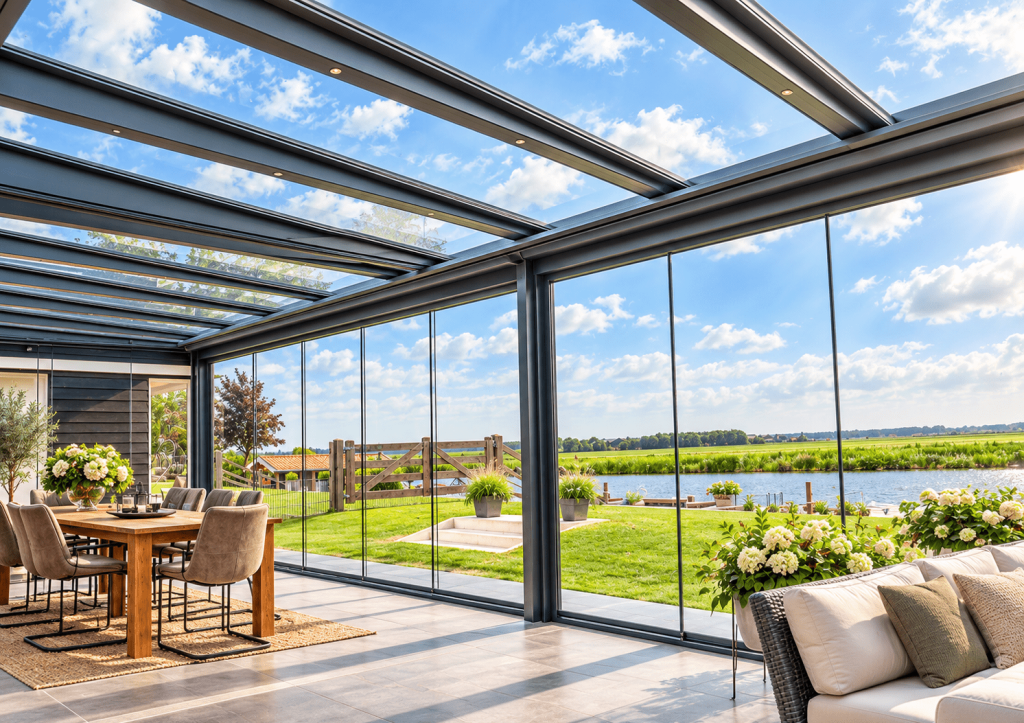 Glazen schuifwanden voor terrasoverkapping met vrij uitzicht.