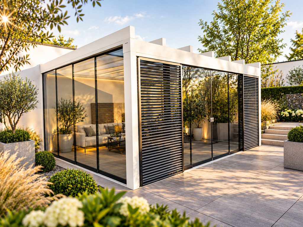 Luxe witte aluminium terrasoverkapping met glazen schuifwanden, zwarte lamellen en groene beplanting.