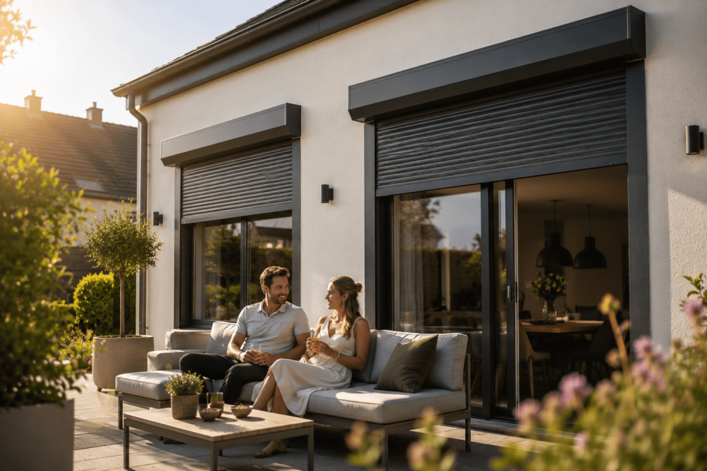 House with black roller shutters and a sunny patio with a seating area.