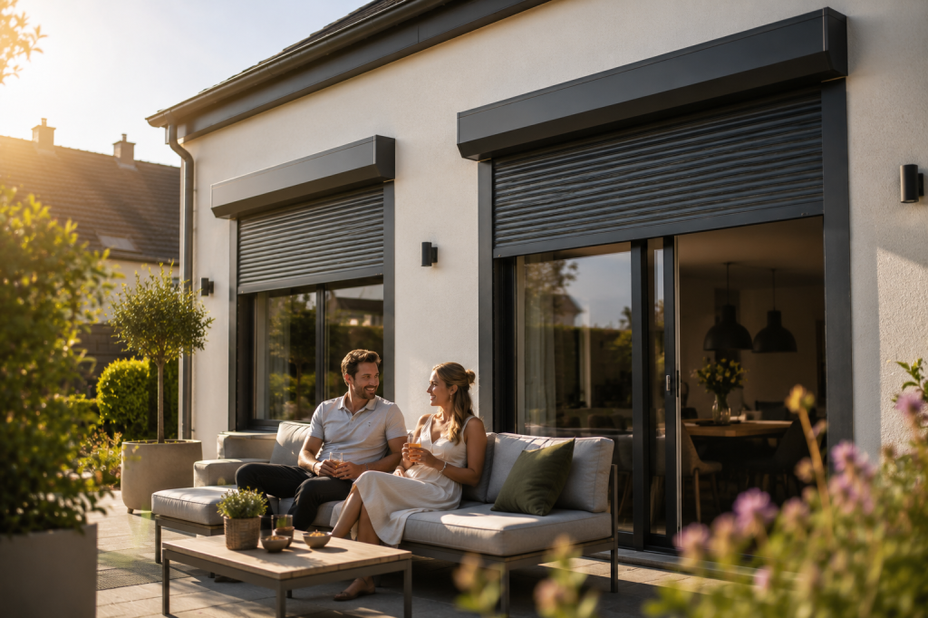 Woning met zwarte rolluiken en zonnig terras met zithoek.