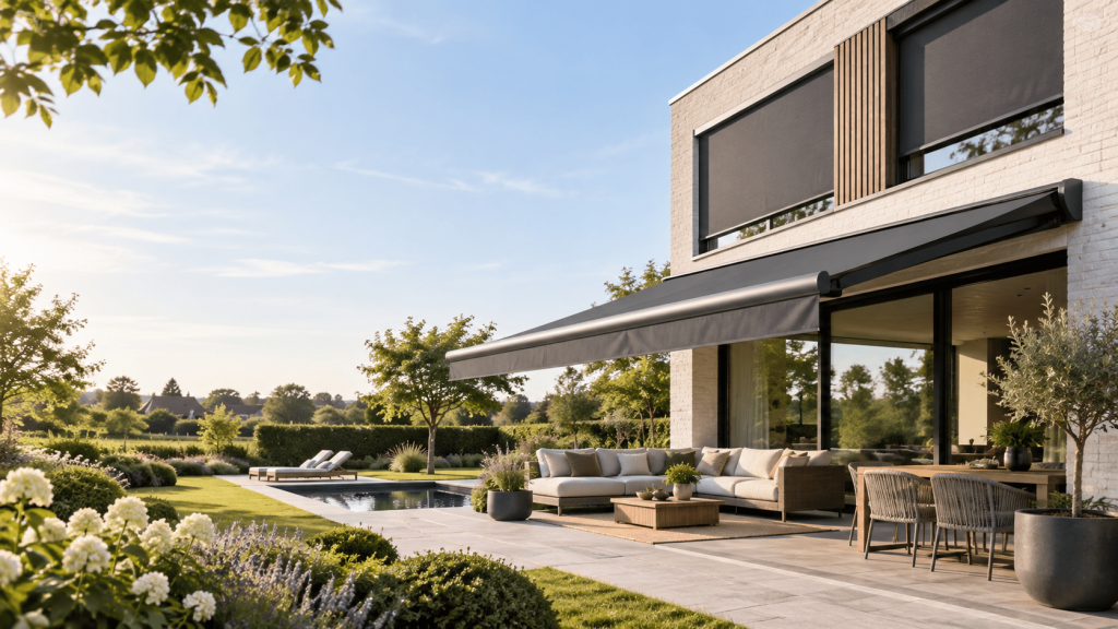 Luxe woning met buitenzonwering, screens en stijlvol terras in zonnige tuin.