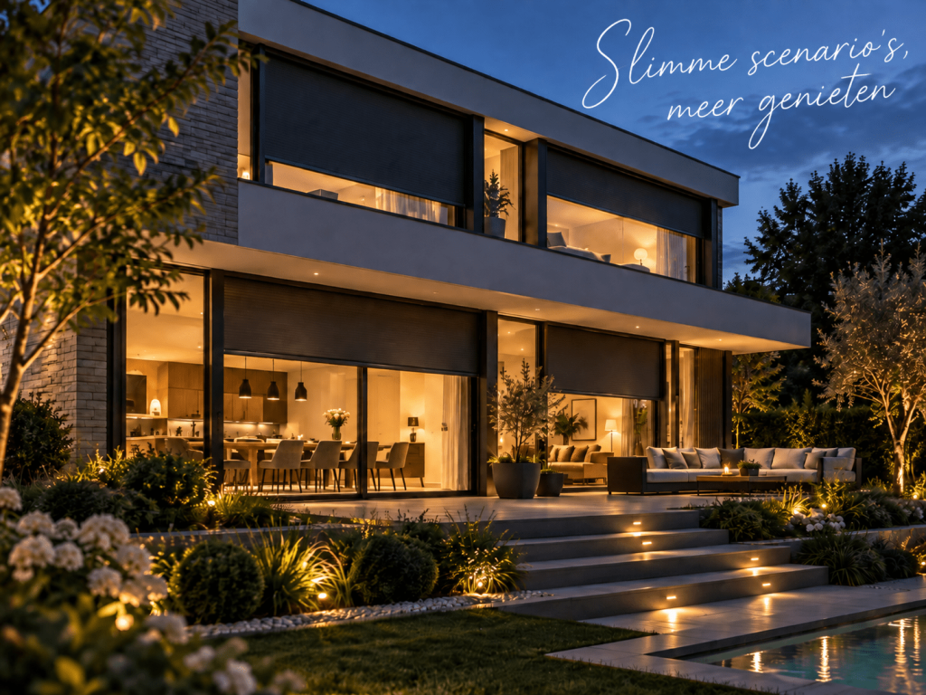 Moderne woning met slimme Somfy zonwering en rolluiken in de avond.