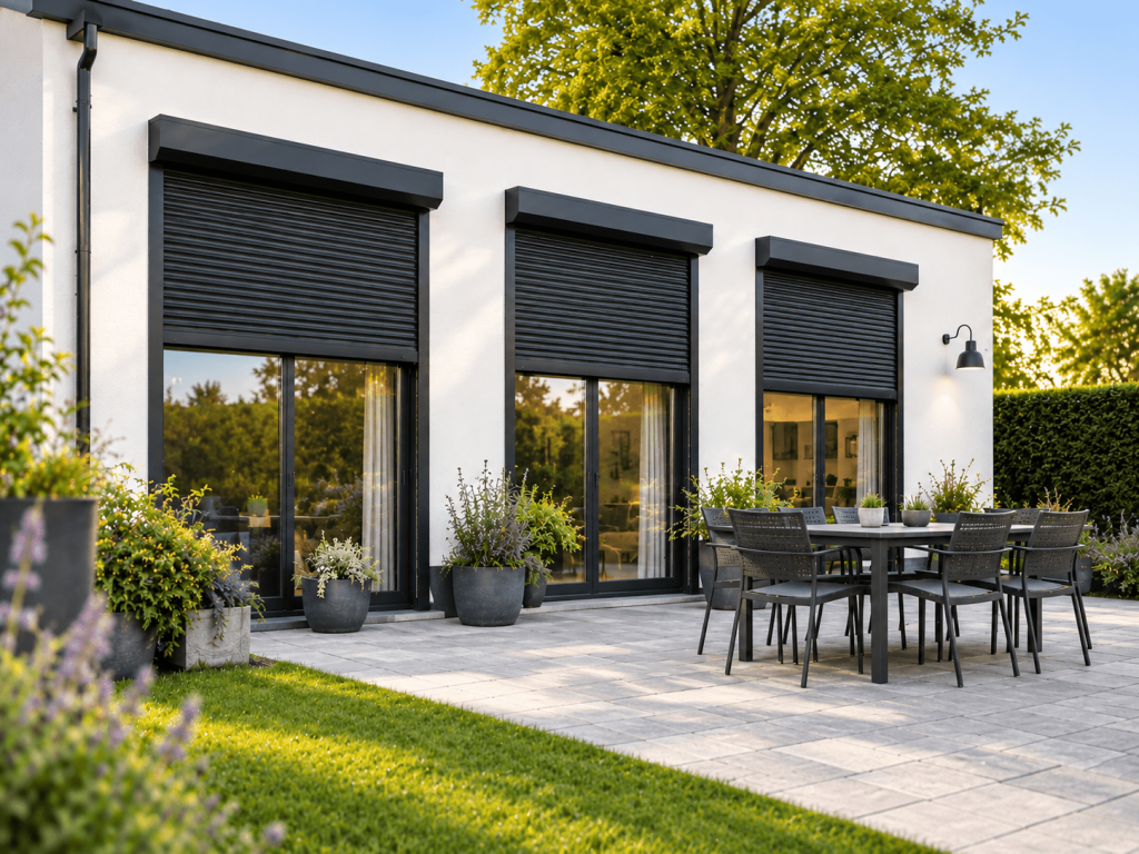 Zwarte rolluiken op maat bij moderne woning met terras.