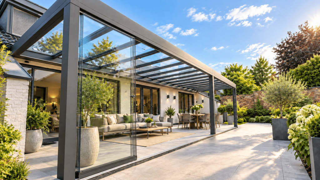 Luxe aluminium terrasoverkapping met glazen schuifwanden bij moderne woning.