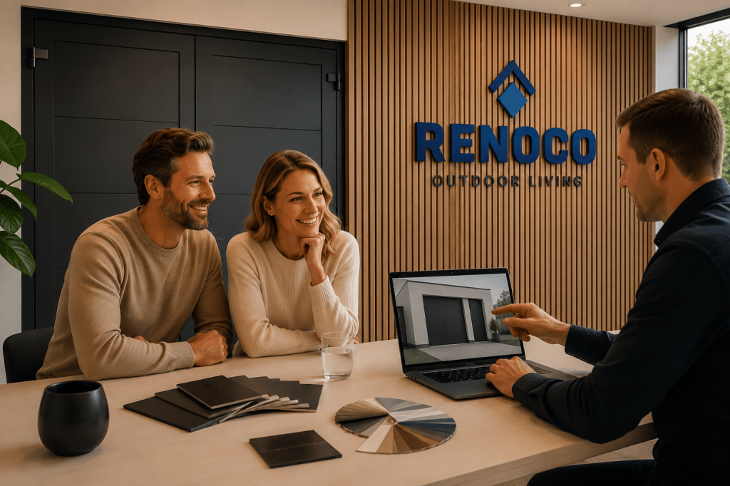 Klanten ontvangen persoonlijk advies over openslaande garagedeuren in de moderne showroom van Renoco Outdoor Living met kleurstalen en maatwerk oplossingen.
