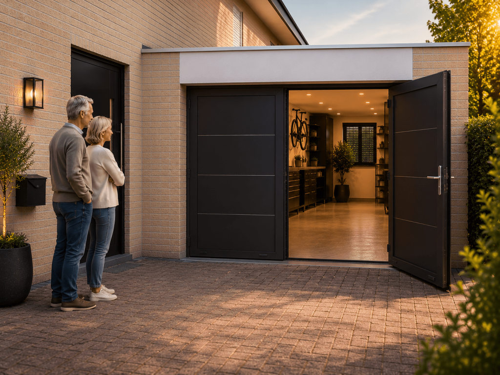 Echtpaar bewondert moderne openslaande garagedeuren met sfeervolle verlichting en luxe garage-interieur bij moderne woning.