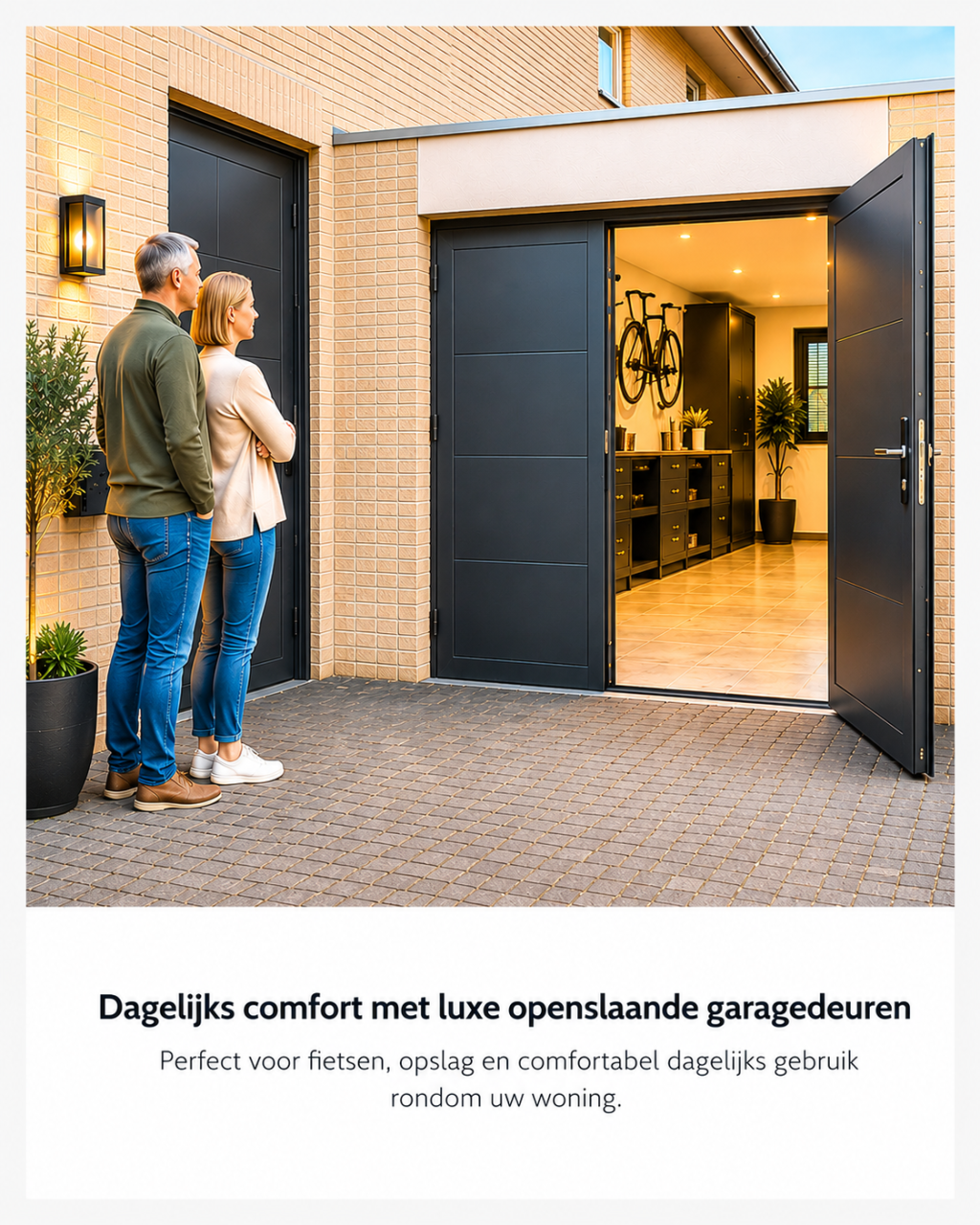 Moderne openslaande garagedeuren met open deur, luxe garage-interieur en praktische fietsenopslag.