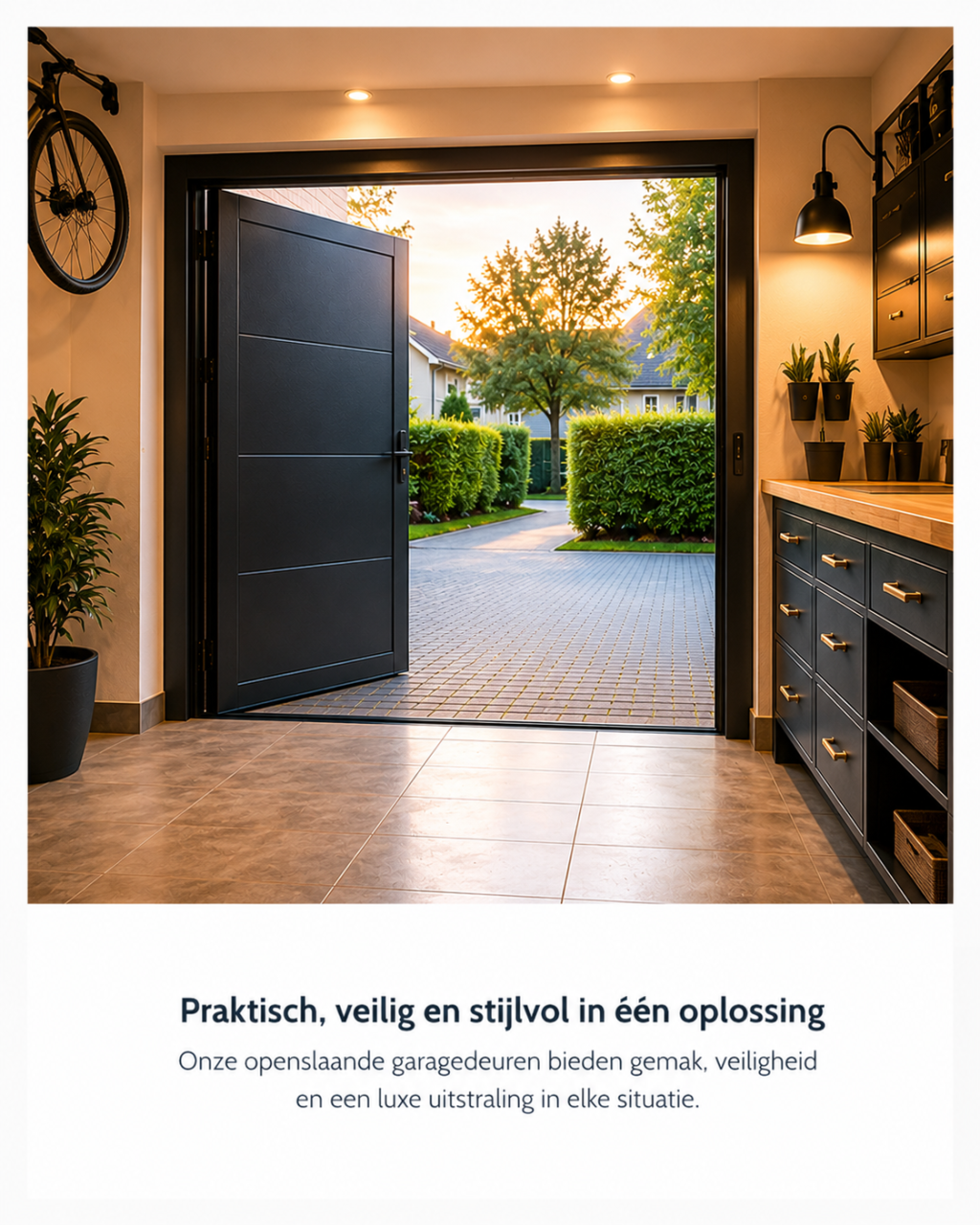 Luxe openslaande garagedeur met moderne garage-inrichting en open doorgang naar stijlvolle tuin.