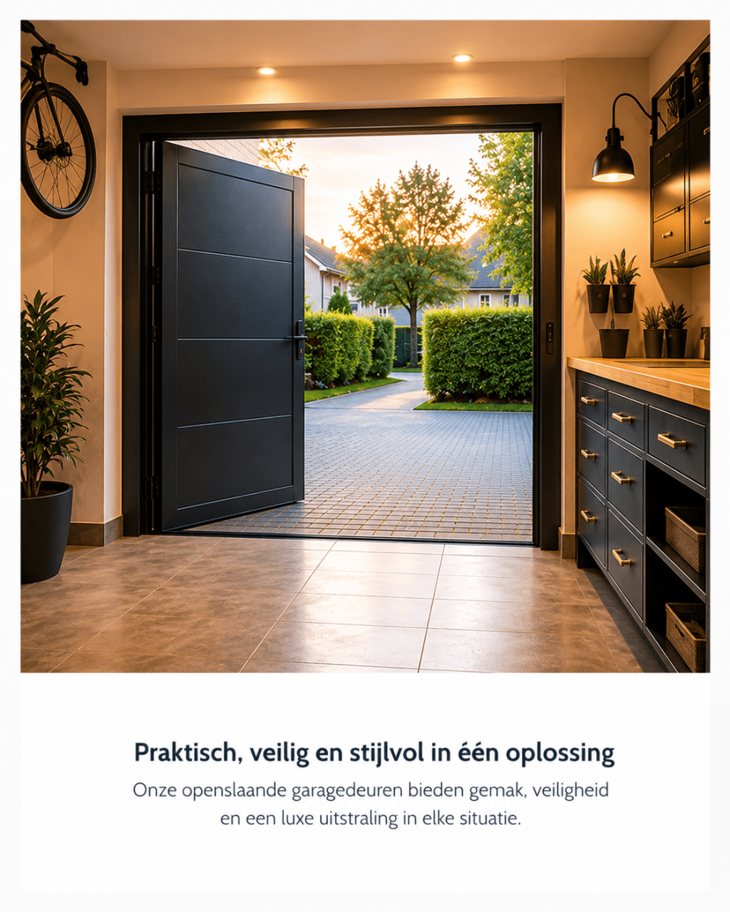Luxuri&ouml;ses Fl&uuml;geltor mit moderner Garageneinrichtung und offenem Durchgang zum stilvollen Garten.