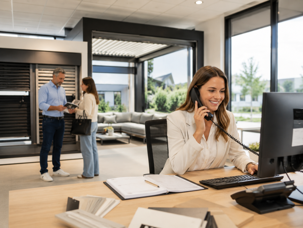 Commercieel administratief medewerker aan het werk in de showroom van Renoco in Sittard, met klantcontact en verkoopondersteuning.
