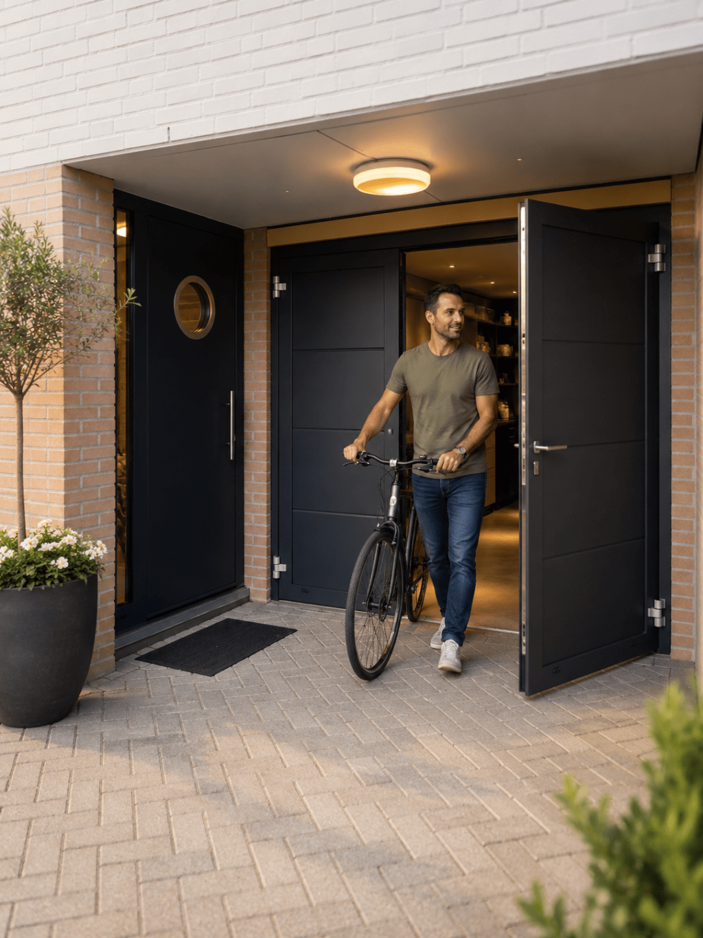 Moderne openslaande garagedeuren van Renoco bij luxe woning met man en fiets, stijlvolle entree en hoogwaardige afwerking.