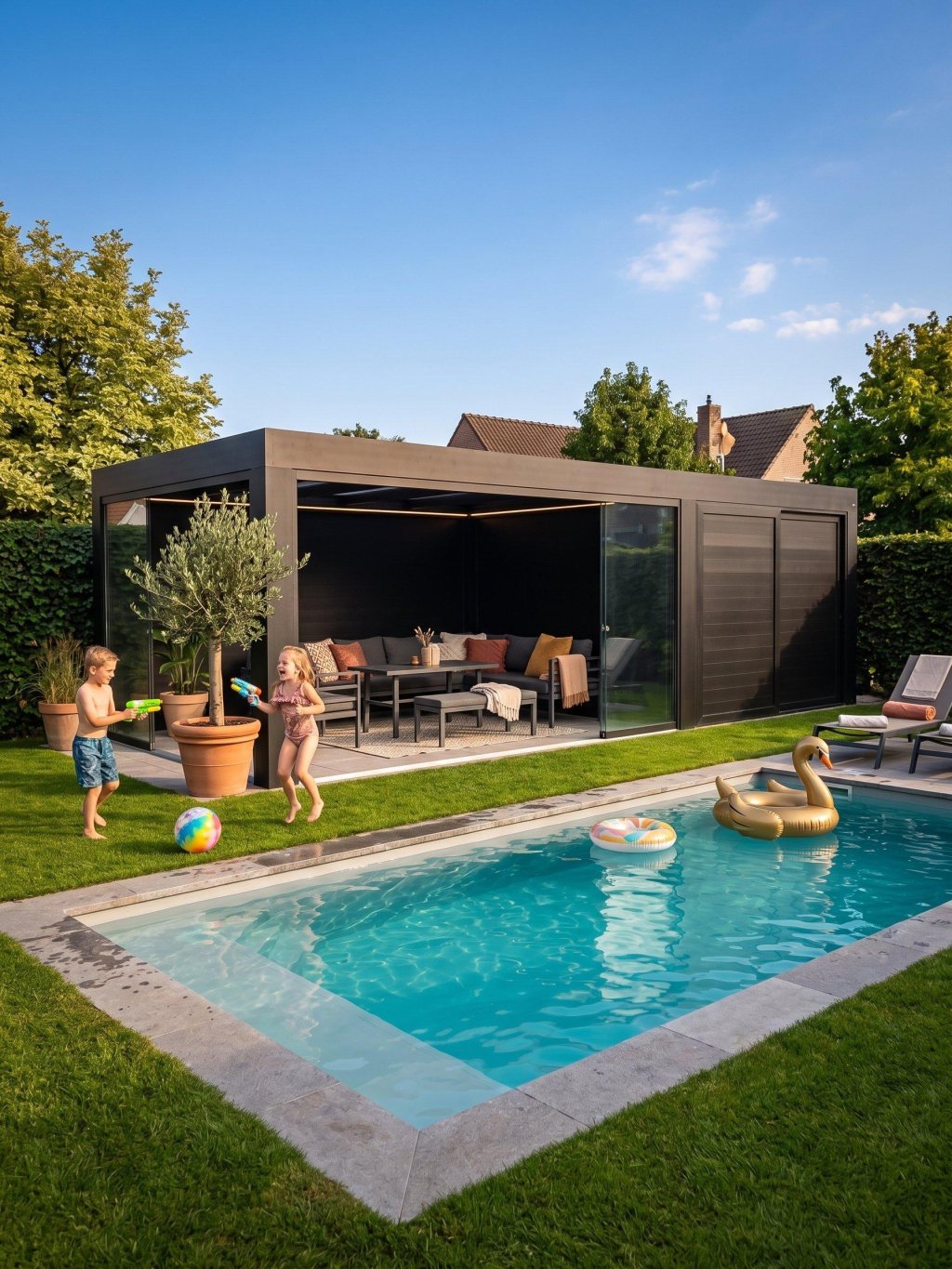 Luxe achtertuin met modern buitenverblijf, zwembad en spelende kinderen.