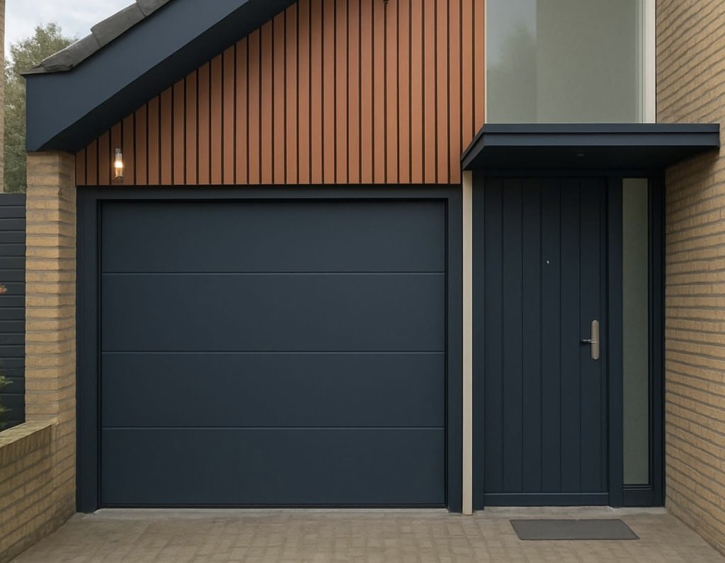 Sectionaalpoort antraciet in combinatie met aluminium voordeur in Limburg.