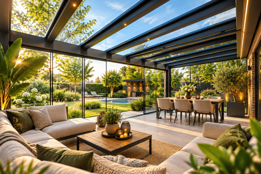 Luxe aluminium terrasoverkapping met glazen schuifwanden, loungehoek en groene tuin.