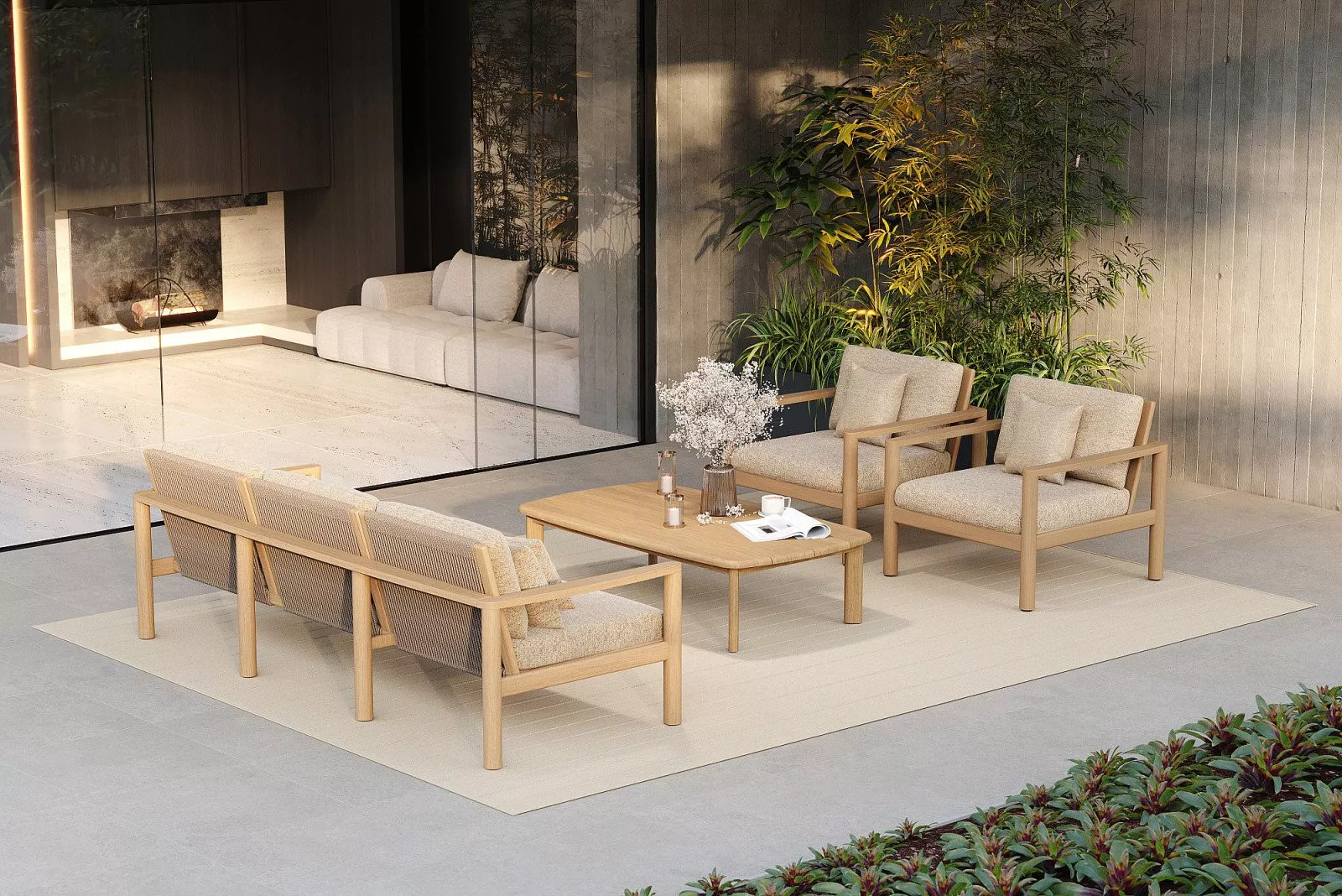 Schönes Gartenmöbel-Set aus Teak mit Sofa und Sesseln, entworfen für Komfort und Stil in Ihrem Garten.