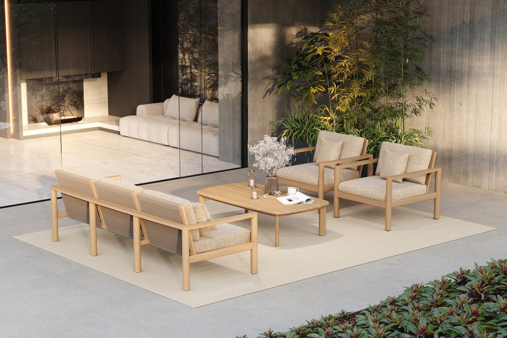 Luxe teak tuinmeubelset voor ultiem comfort. Prachtige teak tuinmeubelset met een bank en fauteuils, ontworpen voor comfort en stijl in uw tuin.