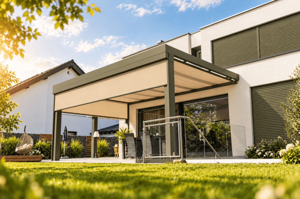 Terrasoverkapping met dakzonwering en verticale zonwering.