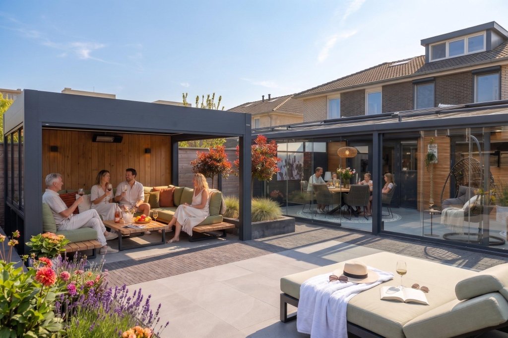 Luxe vrijstaande terrasoverkapping met houten achterwand, sfeerverlichting en loungeset waar mensen ontspannen in een zonnige tuin.