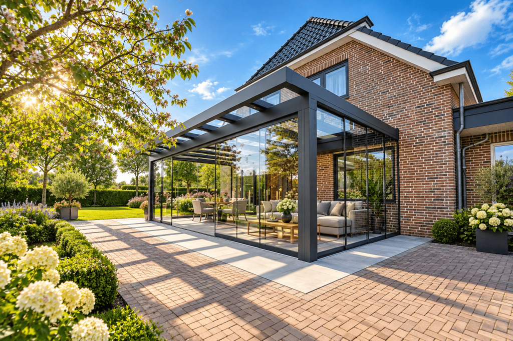 Luxe terrasoverkapping met glazen schuifwanden en stijlvolle tuininrichting.