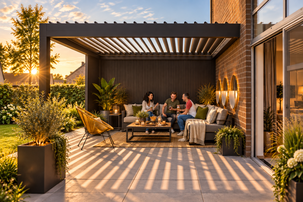 Luxe aluminium lamellendak met comfortabele loungehoek en groene tuin.