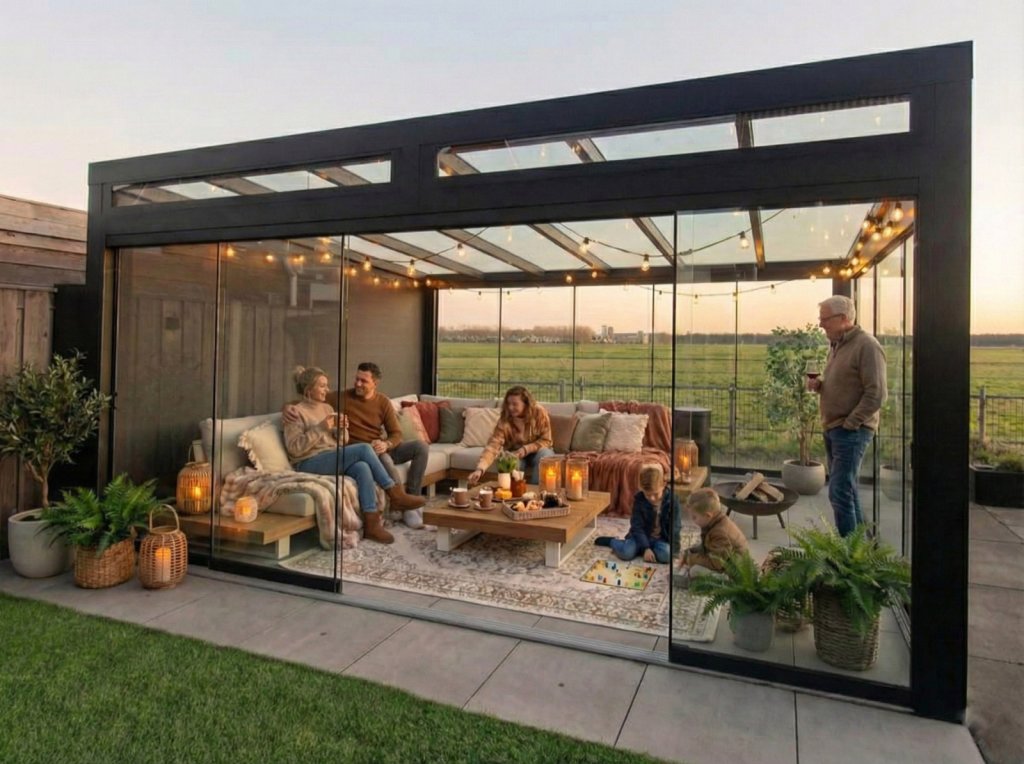 Moderne vrijstaande glazen terrasoverkapping met stijlvolle houten meubels uitkijkend op een groente weide.