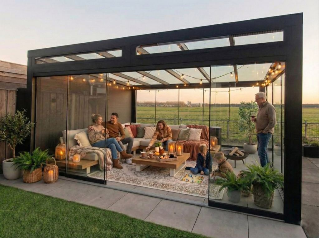 Moderne freistehende Glas-Terrassen&uuml;berdachung mit stilvollen Holzm&ouml;beln und Blick auf eine gr&uuml;ne Wiese.
