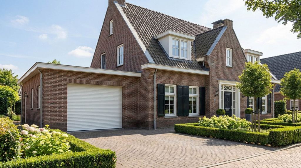 Rolltor mit wei&szlig;en Lamellen f&uuml;r die Garage in Sittard-Geleen Limburg.