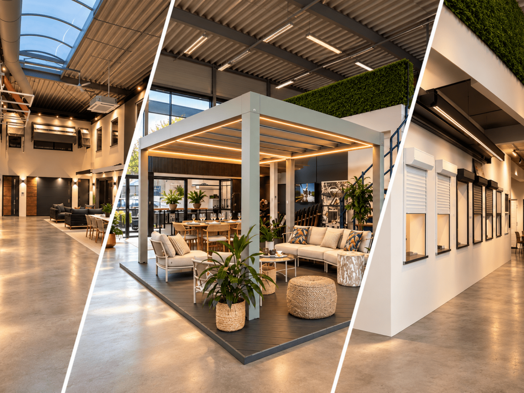 Renoco showroom in Sittard met terrasoverkapping, rolluiken, zonwering en woningoplossingen.